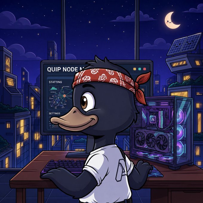 An animated illustration of a cartoon duck/bird wearing a red bandana, sitting at a gaming PC setup with 'QUIP NODE' on the monitor.
