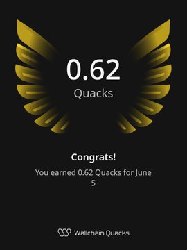 The image shows a poster with an illustration of a bird's wing design, featuring gold and yellow colors. The poster displays a message congratulating someone for reaching 0.62 Quacks, which is the highest score achieved by this person. The poster also mentions that the person has climbed the leaderboard again today, indicating their success in the game or challenge.