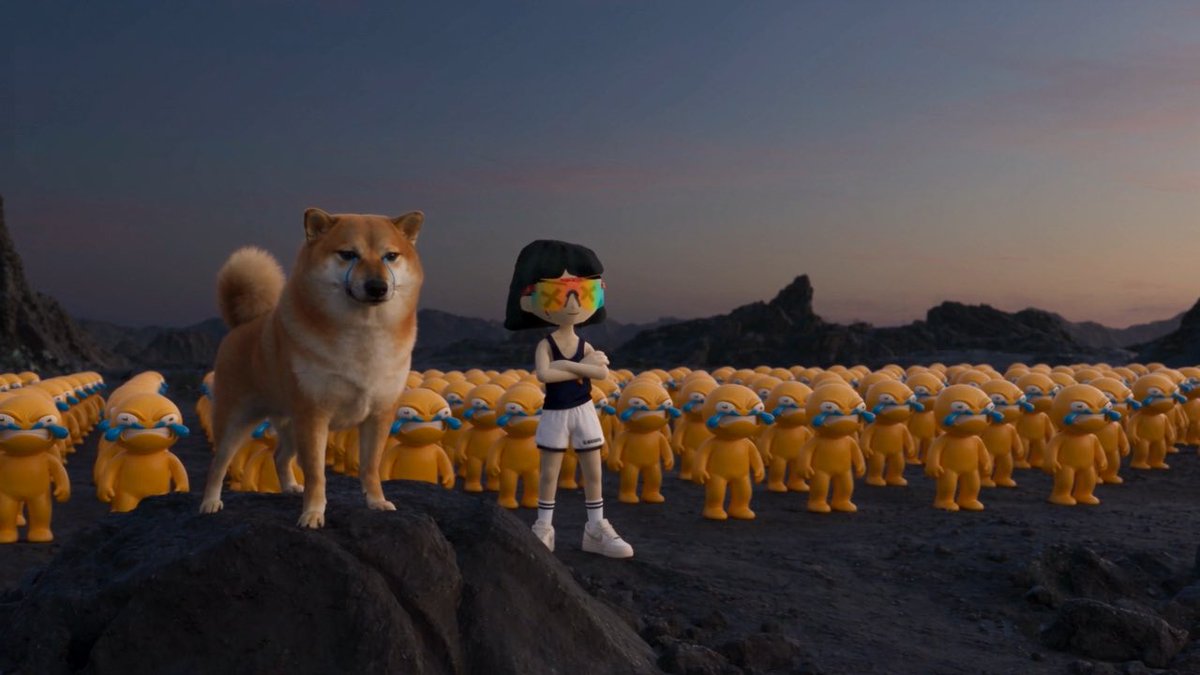 A 3D-rendered scene shows a Shiba Inu dog and a stylized girl with an X-shaped face standing on a rocky terrain, surrounded by an army of crying orange creatures, with the word 'WOW' visible on the dog's face.