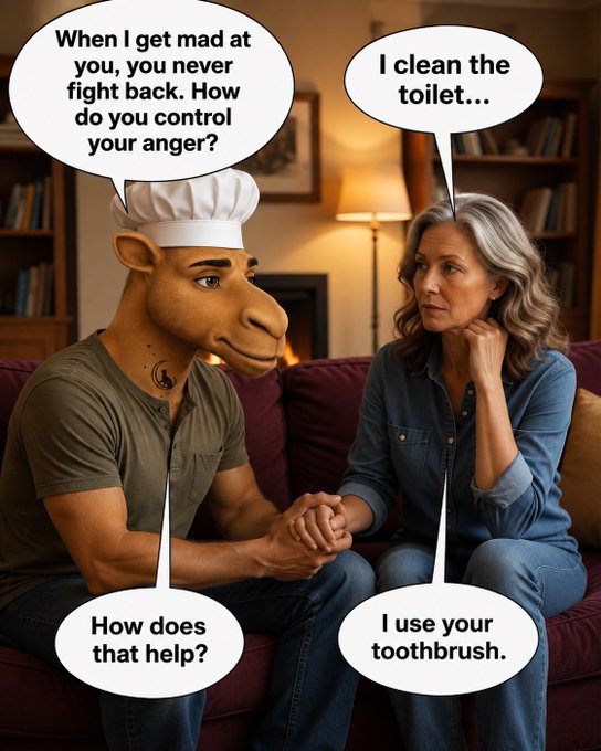 A humorous comic-style image showing a man and woman sitting on a couch with speech bubbles about anger management, where the woman says she controls her anger by cleaning the toilet and using his toothbrush.