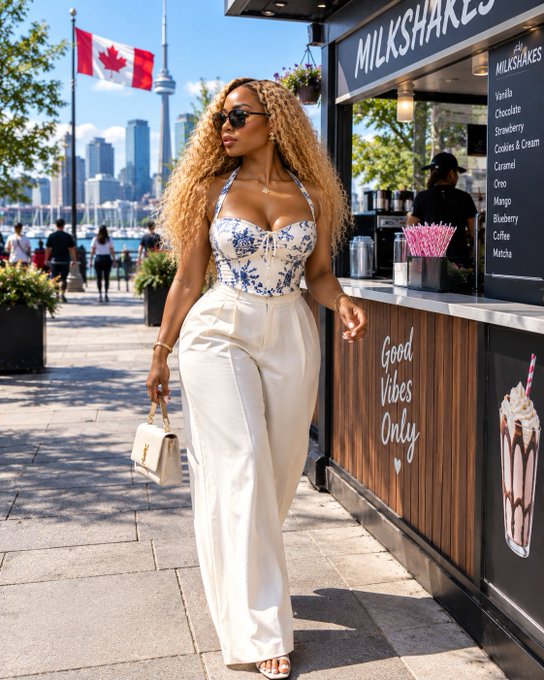 A woman with long curly blonde hair stands in front of a milkshake stand in Toronto (CN Tower and Canadian flag visible); she wears a blue and white floral corset top, white high-waisted trousers, and holds a small white purse.