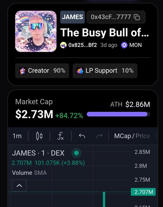 A screenshot of a token profile for JAMES titled 'The Busy Bull of...' with a market cap of $2.73M (+84.72%), showing an ATH of $2.86M on the MON network.