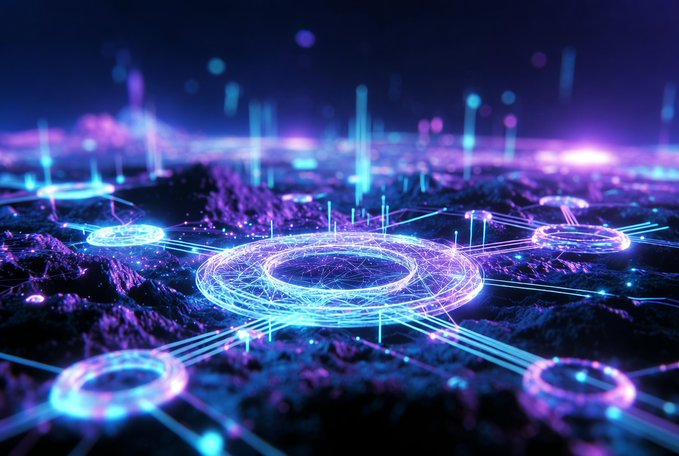 A futuristic digital landscape with glowing blue and purple circular nodes connected by light beams on a dark terrain, symbolizing a network or AI system.