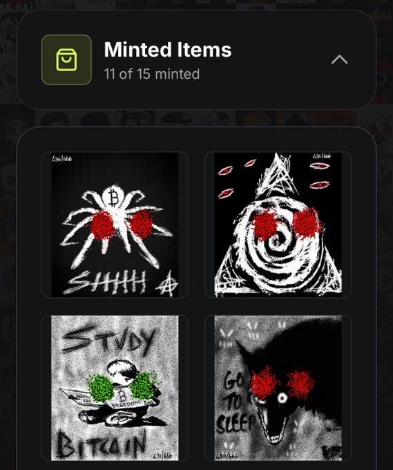 A "Minted Items" panel shows 11 of 15 minted dark, edgy artwork pieces (including images with text "SHHH," "STUDY BITCOIN," and "GO TO SLEEP"), illustrating the limited free Ordskul drop for top Runiskul holders mentioned in the post, with only 4 inscriptions remaining.
