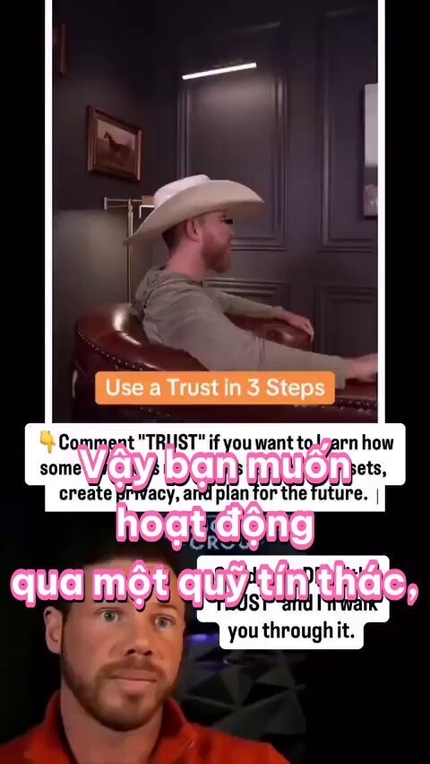 The image features a man wearing a cowboy hat, sitting at a desk with his legs crossed while using a computer mouse. The photo also includes text that says "Use a Trust" and "3 steps", which suggests that the man might be discussing privacy or security issues related to online transactions.