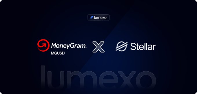 The image features a logo that includes three different logos representing MoneyGram, Lumexo, and Stellar. The logos are arranged in a horizontal line with each logo occupying its own space. The text "MoneyGram" is written on the left side of the image, while "MGUSD" is displayed below it. On the right side, there's a smaller version of the MoneyGram logo, and on the bottom right corner, there's another smaller version of the Lumexo logo. The text "Lumexo" is positioned above the MoneyGram logo, and " MGUSD" is placed below it. Lastly, the text "Stellar" is written at the top center of the image.