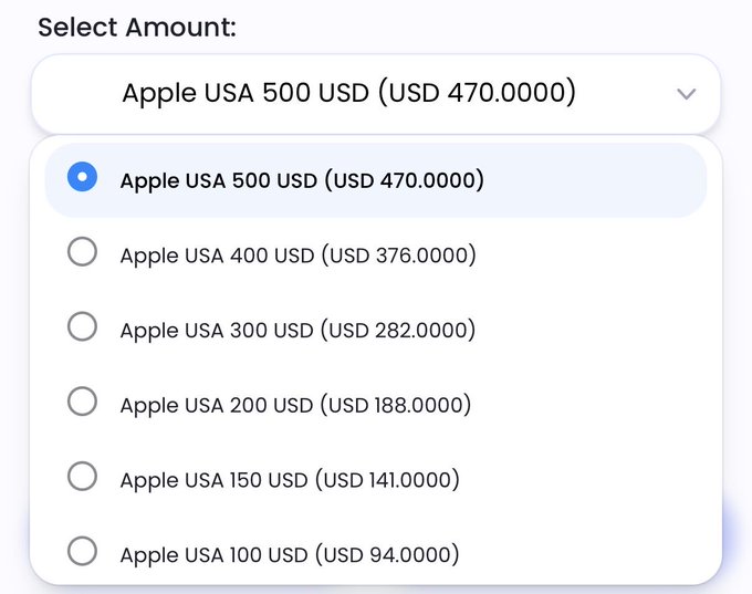 A dropdown menu titled "Select Amount:" displaying various Apple USA gift card denominations ranging from $100 to $500 USD, with the $500 option (USD 470.0000) currently selected. The image illustrates the 6% discount mentioned in the post, showing how each gift card value is reduced by 6% (e.g., $500 → $470, $100 → $94).