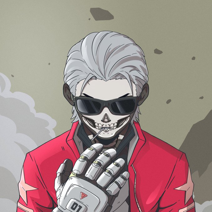 A digital illustration of a character with white hair, sunglasses, and a skeleton face, wearing a red jacket and a robotic glove marked '01'.