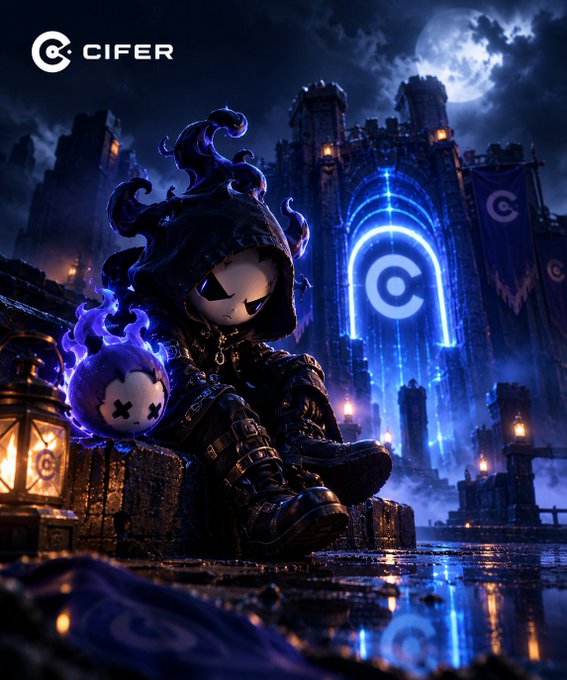 A dark, stylized digital artwork shows a hooded, cartoon-like figure with glowing purple flames sitting in front of a castle gate featuring a glowing blue archway with a "C" logo, branded "CIFER" in the top left corner.