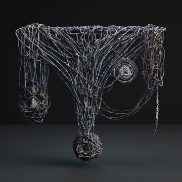 An intricate 3D-rendered sculpture made of dark, tangled wire or filament forms an abstract, draping shape against a dark background.