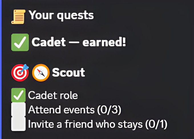 A Discord interface displaying 'Your quests' with a green checkmark for 'Cadet — earned!' and incomplete tasks listed for 'Scout' such as 'Attend events (0/3)'.
