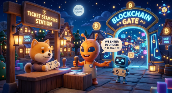 A whimsical 3D-rendered scene depicts a 'BLOCKCHAIN GATE' with a 'TICKET STAMPING STATION' where cartoon characters, including a dog and aliens, gather around signs reading 'CODE COIN', 'HODL CAFE', and 'DEFI INN', with one stating 'WE ENTER IN ORDER: 7, 8, then 9!'.