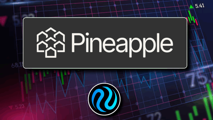 A graphic displays the 'Pineapple' logo on a black sign above a blue cryptocurrency symbol, set against a background of a candlestick trading chart.