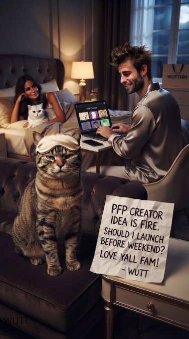 A humorous digital illustration of a room scene where a tabby cat wearing a sleep mask sits on a couch next to a note reading 'PFP CREATOR IDEA IS FIRE. SHOULD I LAUNCH BEFORE WEEKEND? LOVE YALL FAM! - WUTT', while a man works on a laptop in the background.