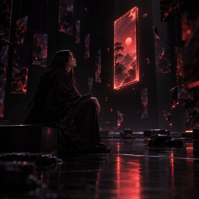 A lone woman in black gazes contemplatively at a glowing red panel depicting a landscape with a moon, surrounded by shards of dark glass in a moody, atmospheric room. The image mirrors the post's theme of stillness and reflection—capturing the essence of saying something memorable rather than loud, much like her quiet observation amid the fragmented surroundings.