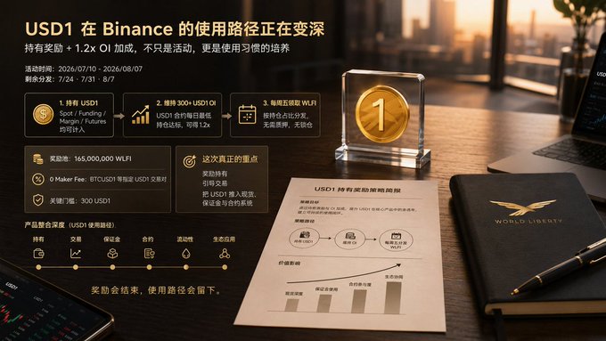A Chinese promotional graphic titled 'USD1 在 Binance 的使用路径正在变深,' detailing a USD1 × 1.2x OI incentive event (July 10-31) with steps including holding USD1, boosting OI, and WLFI rewards, alongside a 'WORLD LIBERTY' branded notebook.
