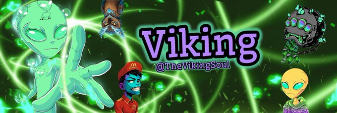 A vibrant YouTube-style banner with a green glowing background featuring various alien characters, a character in a McDonald's uniform, and the text 'Viking @theVikingSoul'.