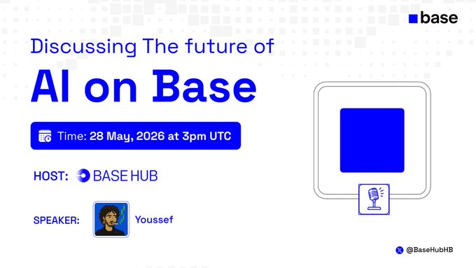 The image features a poster for an event titled "Discussing The Future of AI on Base" scheduled for Saturday, 28 May at 3pm UTC. The poster includes a photo of a square sign with blue text that reads "Base Community Call #01 Thursday". There is also a speaker listed in the bottom left corner and a link to the event page in the top right corner.