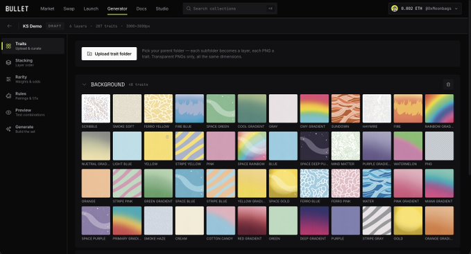 A screenshot of the Bullet NFT platform's K3 Demo Generator page showing the "Background" trait selection, where users can choose from 48 background variations (including Interbio, Paper Dott, Sandy Yellow, Tide Blue, Space Green, Cool Gradient, etc.) as part of the built-in generative collection builder for creating layered NFTs from uploaded transparent PNG assets.