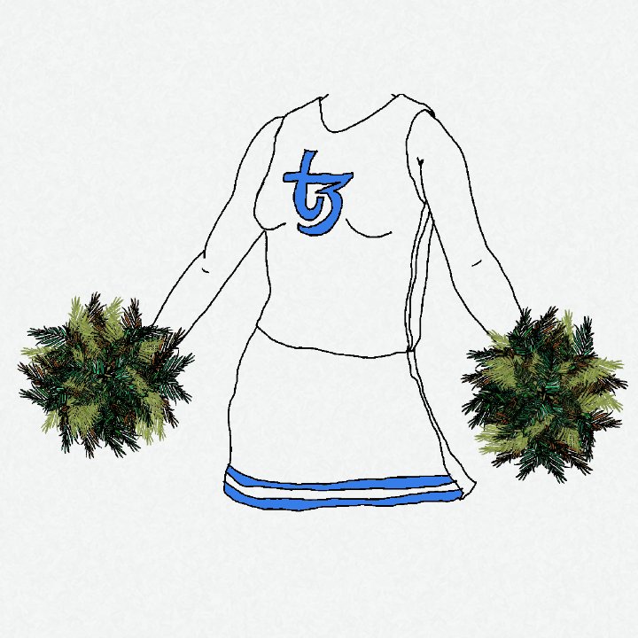 The image features a cheerleader dressed in a white top with blue lettering, wearing a matching blue skirt and holding two green pom-poms. The cheerleader's arms are raised high above her head as if she is cheering on someone or celebrating something. The background of the image is white, which contrasts nicely with the cheerleader's outfit and makes it stand out.