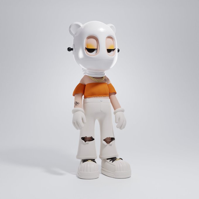 A 3D-rendered designer art toy figure featuring a glossy white bear-like head, orange crop top, white ripped pants, gold chain necklace, and chunky white sneakers.