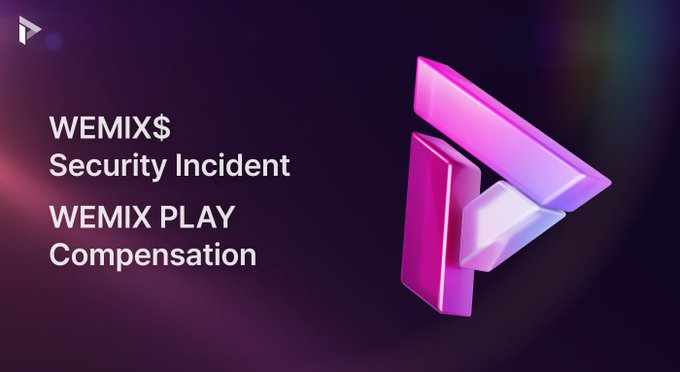 Promotional graphic for WEMIX with text reading 'WEMIX$ Security Incident' and 'WEMIX PLAY Compensation' alongside a pink and purple 3D logo.