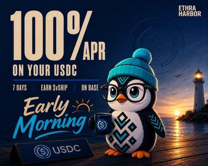 A promotional advertisement for 'ETHRA HARBOR' offering 100% APR on USDC for 7 days, featuring a cartoon penguin in a beanie holding a coffee mug with a lighthouse and sunset in the background.