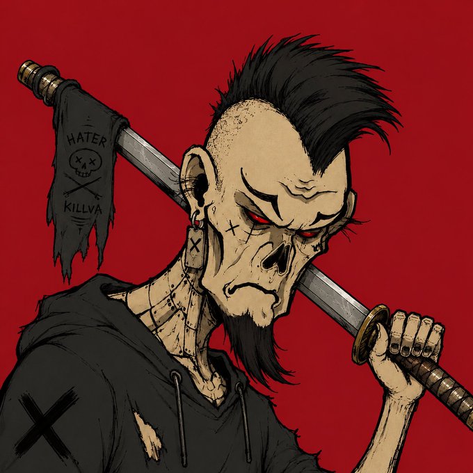 A dark digital illustration of a skull-faced warrior with a mohawk carrying a sword with a 'HATER KILLVA' flag on a red background.