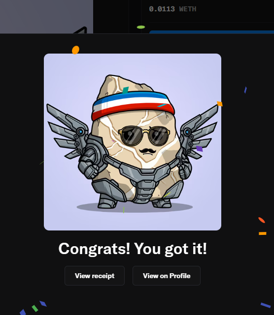 A digital collectible NFT receipt showing a rock-like character wearing sunglasses, a red-white-blue headband, and mechanical wings, with 'Congrats! You got it!' text and 0.0113 WETH.