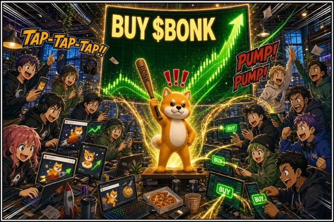 An anime-style illustration featuring a Shiba Inu dog holding a bat, surrounded by excited characters and text reading 'BUY $BONK', 'TAP-TAP-TAP!!', and 'PUMP! PUMP!' next to a rising green chart.