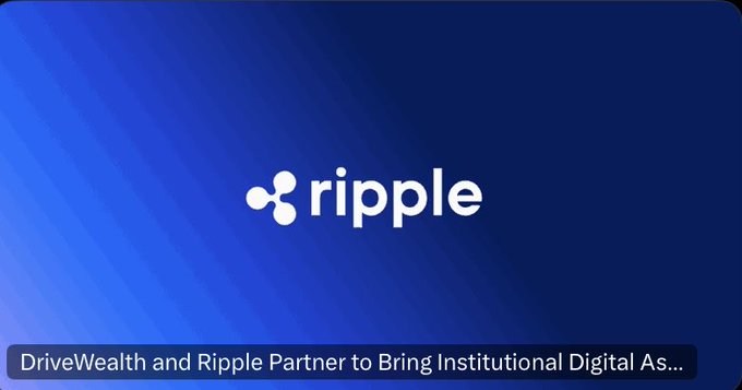 A blue graphic with the white 'ripple' logo displays the news headline 'DriveWealth and Ripple Partner to Bring Institutional Digital As...' at the bottom.