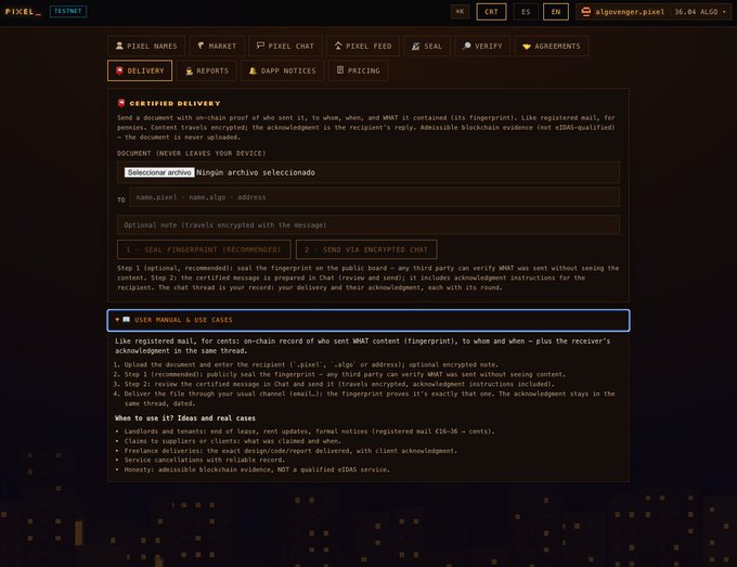 A screenshot of the PIXEL platform's 'Certified Delivery' interface with text explaining the document delivery process using blockchain fingerprinting and on-chain proof.