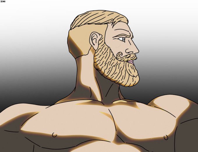 A cartoon illustration shows a muscular, bearded man with blonde hair viewed from the chest up in profile.