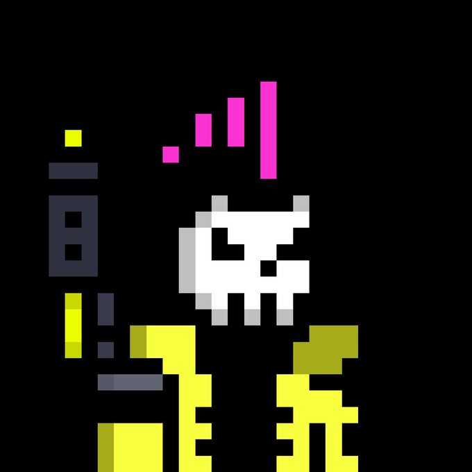 A pixel art illustration of a skull-like character in a yellow jacket with pink pixel accents above its head, set against a black background.