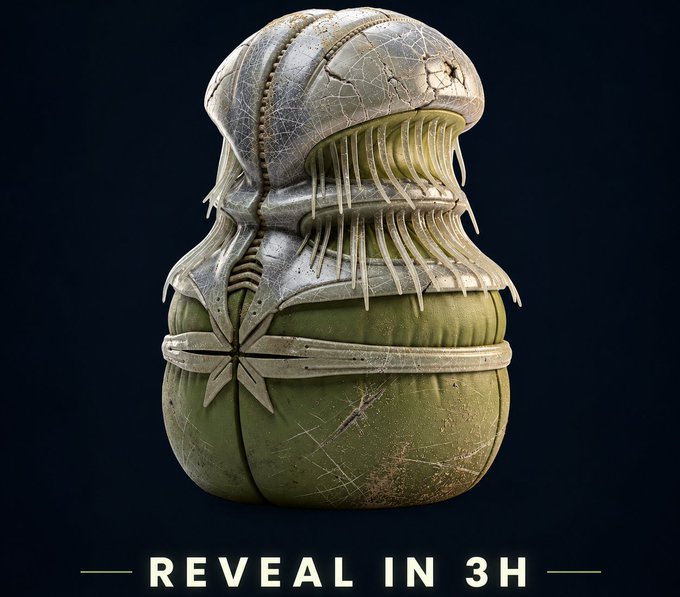 A 3D-rendered design of a knight's helmet atop a green duffel bag, with text reading "REVEAL IN 3H" below, likely teasing a digital collectible drop.