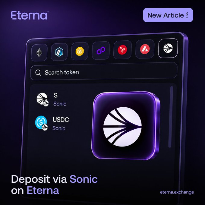 A promotional graphic for Eterna announcing Sonic deposits, showing the headline “Deposit via Sonic on Eterna” alongside a wallet interface listing S and USDC on Sonic. The Eterna logo, “New Article” button, and “eterna.exchange” are also visible.