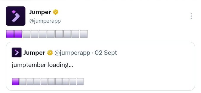 A screenshot of a tweet from Jumper (@jumperapp) displaying a loading bar graphic and the text "jumptember loading..." dated September 2, illustrating the first loading bar mentioned in the accompanying post about the Jumptember campaign teases.