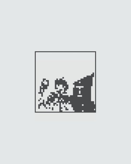 A low-resolution pixel art image with a gray background, showing a small square frame containing scattered gray pixel clusters that loosely resemble figures or forms.