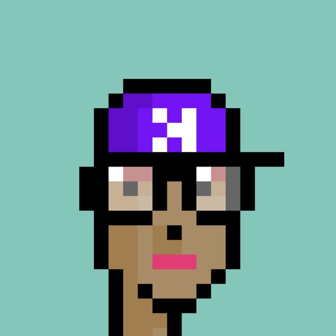 A pixel art portrait of a character with dark skin, pink lips, and a purple cap with a white symbol, set against a teal background.