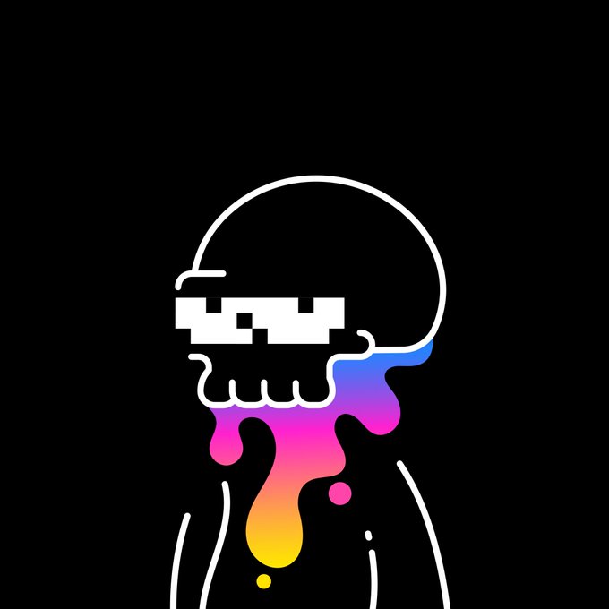 A digital illustration on a black background shows a stylized, pixelated outline of a figure's head and shoulders, with colorful pink, purple, blue, and yellow liquid dripping downward from the face area.