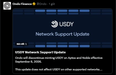 An Ondo Finance tweet (@Ondo) announcing a "USDY Network Support Update" stating Ondo will discontinue minting USDY on Aptos and Noble effective September 8, 2026.