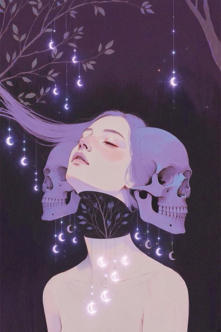 An anime-style illustration of a pale woman with closed eyes, flanked by two purple skulls, with glowing crescent moons hanging from branches.