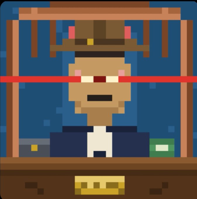 A pixel art image of a shopkeeper character wearing a brown hat and white shirt, standing behind a wooden counter.