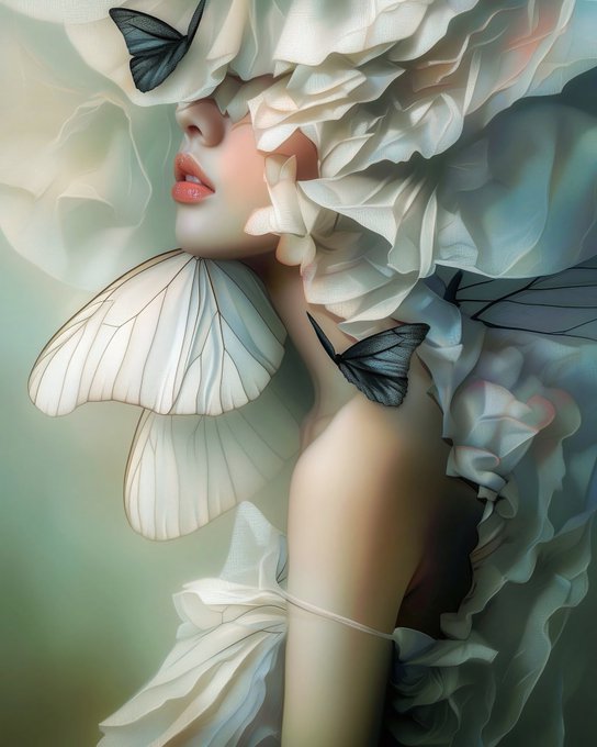 An artistic, surreal image of a woman with closed eyes partially covered in white rose petals, accompanied by butterflies, with delicate white wings emerging from her back.
