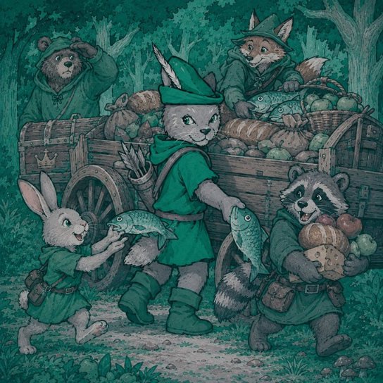 A whimsical illustration shows anthropomorphic woodland creatures—a bear, fox, cat, rabbit, and raccoon—all dressed in green, gathering food and fish from a wooden cart in a forest.