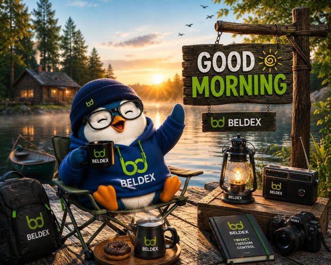 An AI-generated image features a cartoon penguin wearing 'BELDEX' branded merchandise sitting at a lakeside cabin scene with a 'GOOD MORNING' wooden sign and various Beldex-branded items including a mug, lantern, radio, camera, and bag.