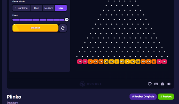 A Plinko game by Roobet with Game Mode settings (Lightning, High, Medium, Low) and a central peg board waiting for a ball to be dropped.