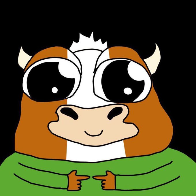 A cartoon illustration of a brown and white cow character with large expressive eyes and a green scarf, pointing at itself against a black background.