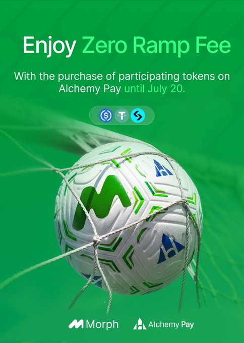 A green promotional graphic for Morph and Alchemy Pay announcing "Enjoy Zero Ramp Fee" with participating tokens listed, ending July 20.