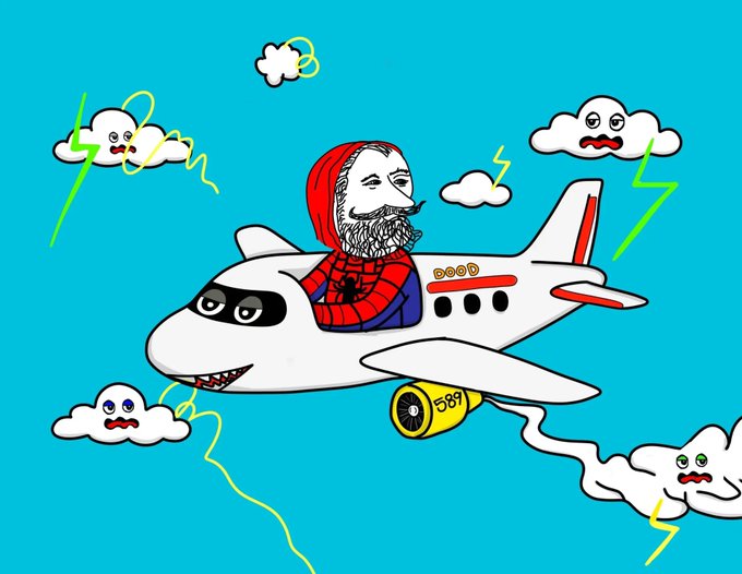 A cartoon figure in a Spider-Man hoodie and pilot's scarf flies a shark-faced plane labeled "DOOD" through a stormy sky with angry clouds and lightning bolts, channeling the high-energy, rebellious spirit of the post's "LET'S GOOOOO!" Friday rally cry for $DOOD.
